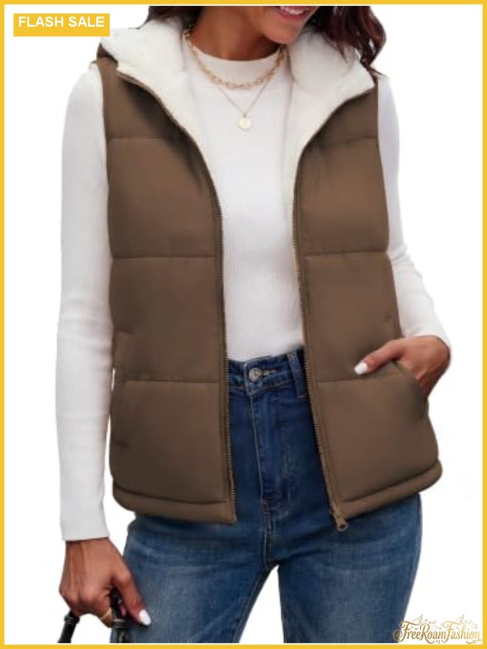 Women's Puffer Vest Fleece Reversible Hooded Sleeveless Zip-Up Jacket